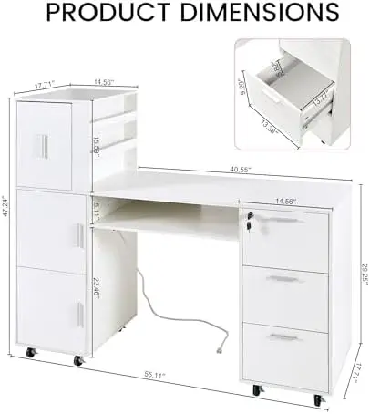 Manicure Table Nail Desk for Nail tech, 56 Inch Beauty Nail Table w/3 Cabinet+3 Drawers+3 Layers Open Cabinet+1 Open