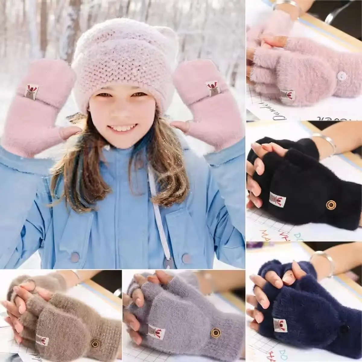 Winter Plush Fingerless Gloves Female Mitten Soft Warm Student Women Flip Gloves Outdoor Write Gloves Thickened Cold Protection