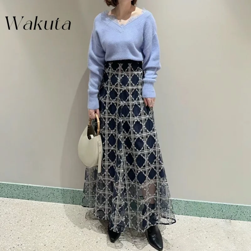 

WAKUTA Japanese Classic Fall Winter Retro High Waisted Plaid Chiffon Y2k Skirts Chic Waist Cinching Slimming A-line Skirt 니트 스커트