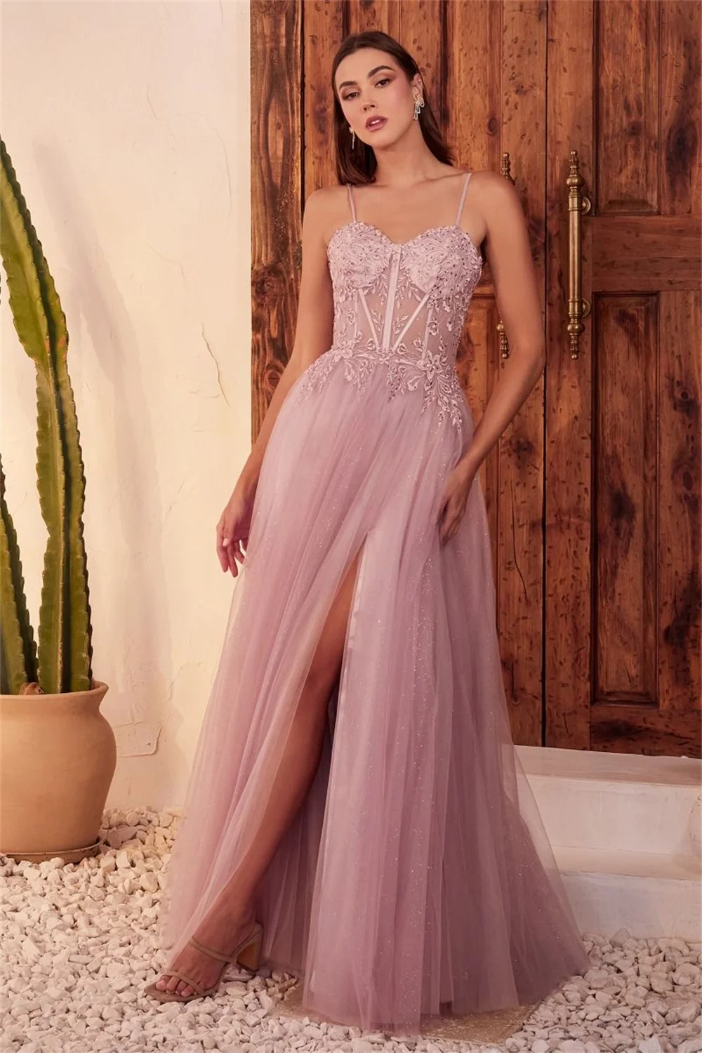 Tulle Spaghetti Straps Strapless Prom Dresses With Split Sheer Corser Lace Appliques Formal Evening Party A-line Long Ball Gowns