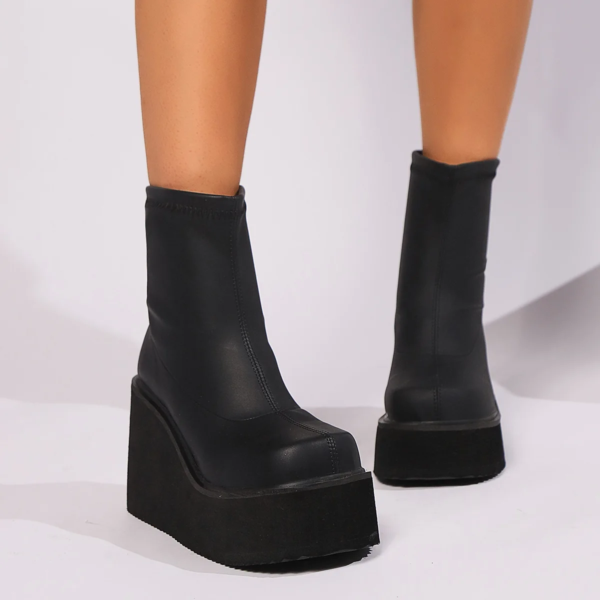 Women's Boots Super High Heel Wedges Modern Boots Slip-on Solid Ladies Shoes on Sale Fashion Round Toe Sewing Concise Shoe 35-42 image 6
