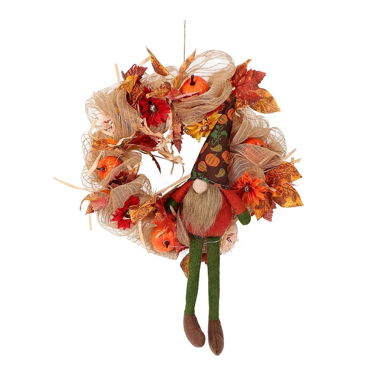 B74A Fall Wreath Burlap Front Doors Wreath with Gnome Artificial Maple Leaf Pumpkin Sunflower Autumn Harvest Decoration