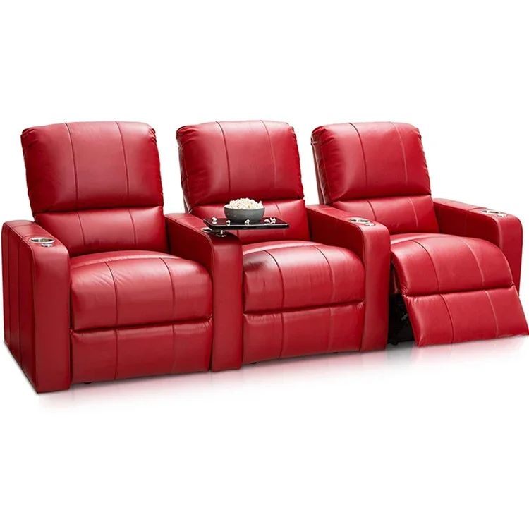 High Quality 3-Seater Red Recliner Cinema Sofa With Cup Holder Coffee Table Canape De Luxe VIP Room Luxury Set