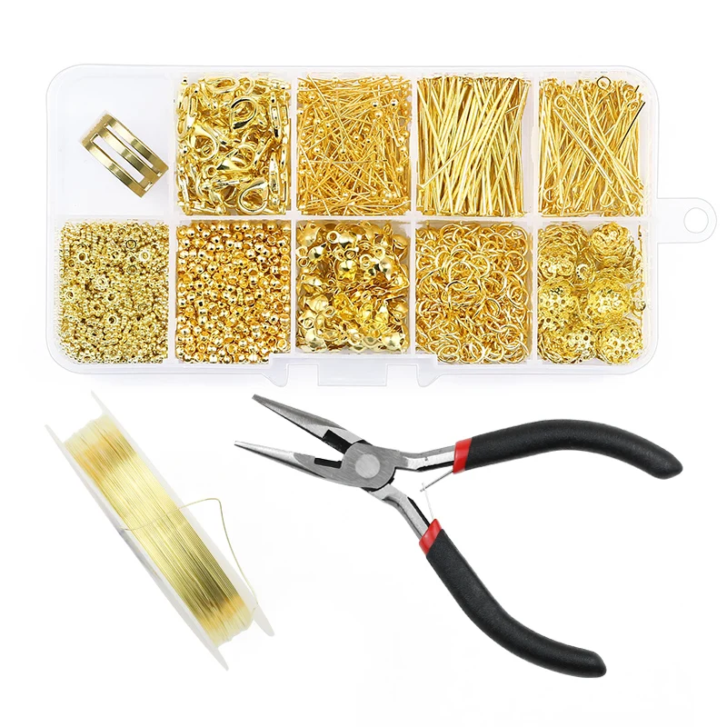 DIY Gold Color Silver Plated Alloy Accessories Jewelry Making Tools Set Clip buckle Open Rings chain lace Buckle Beading Kit Box