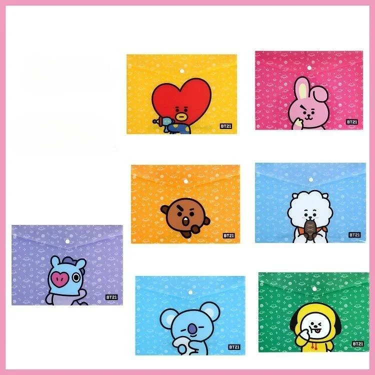 BT21 A4 PVC Document Bag Cute Cartoon Printing Envelope Type Study Office Folder Briefcase File Storage Bag Large Capacity Gift