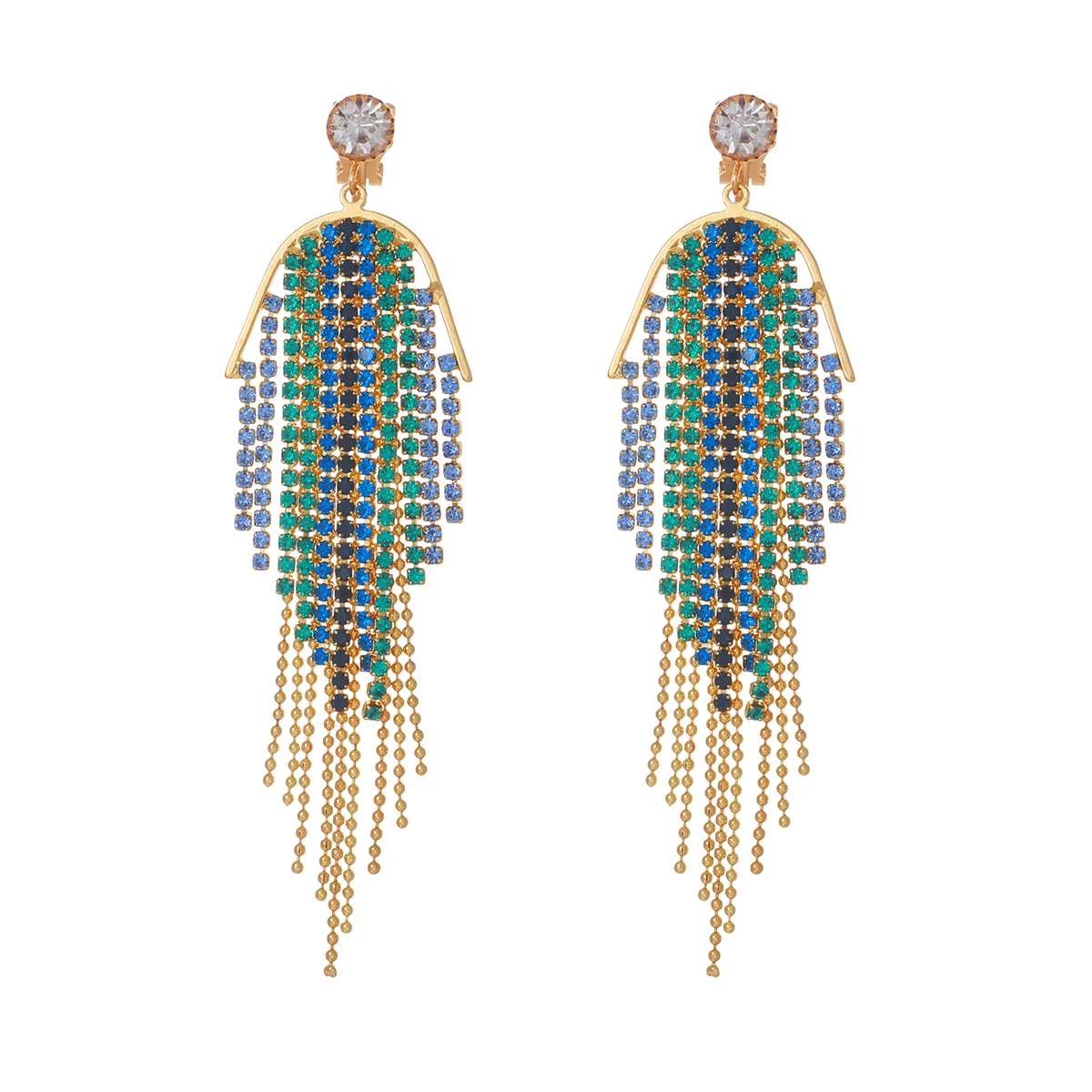 New Exaggerated Rhinestone Tassel Clip Earrings for Women Party Wedding Statement Jewelry Long Non Pierced Earings Gifts