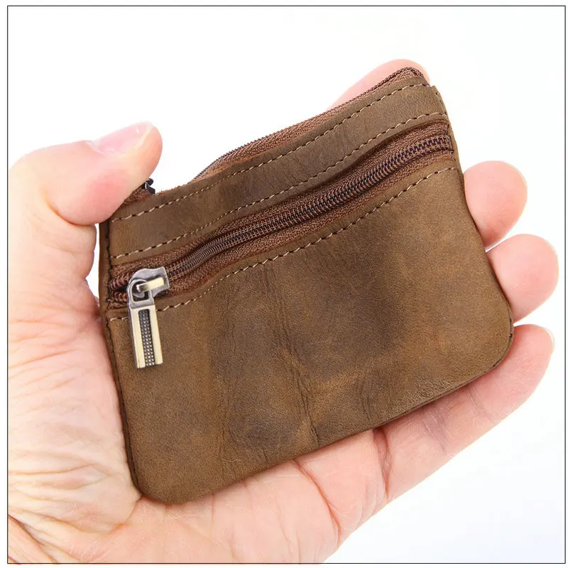 Retro Genuine Leather Coin Purse with Keychain for Men & Women Cowhide  Zipper Coin Wallet Vintage Key Holder