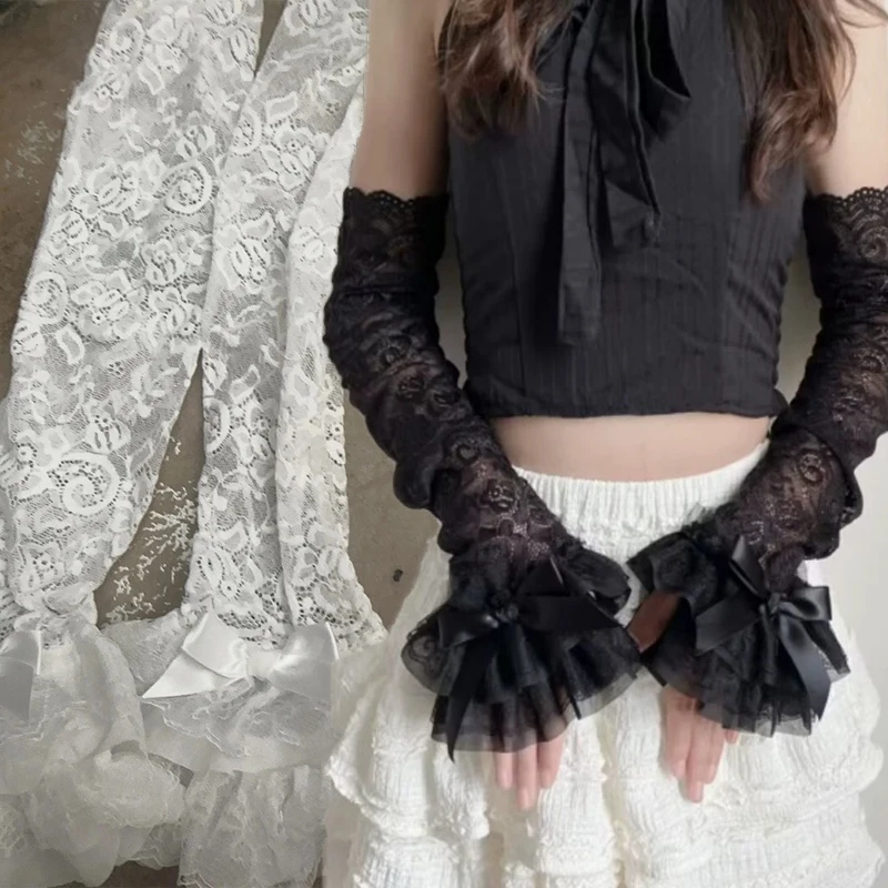 

Girl Sexy Hollow Out Lace Long Arm Sleeves Removable White Black Summer Thin Sun Protection Fingerless Gloves Fashion Mesh Cuffs