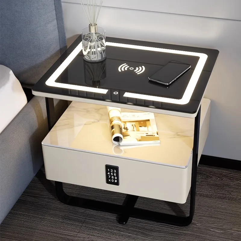 HHSolid Wood Smart Bedside Table Minimal Wireless Charging Password Lock Bedroom Storage Bedside Cabinet
