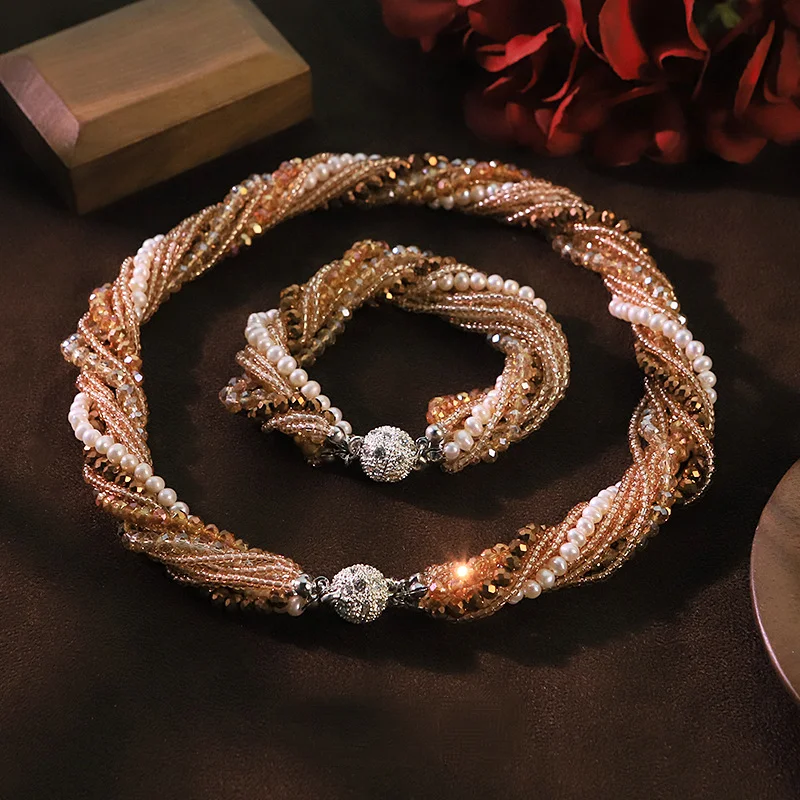 

Statement Multilayer Pearl Green Glass Beaded Necklace Bracelet Set for Women Chain Collar Choker Exquisite Luxury Jewelry Gifts