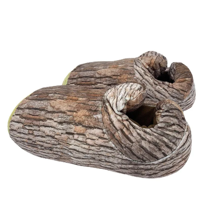 Winter Funny Slippers Women Warm Plush Home Slippers Creative Wooden Stakes Cotton Shoes Men Furry Flat Floor Shoes 2023 New