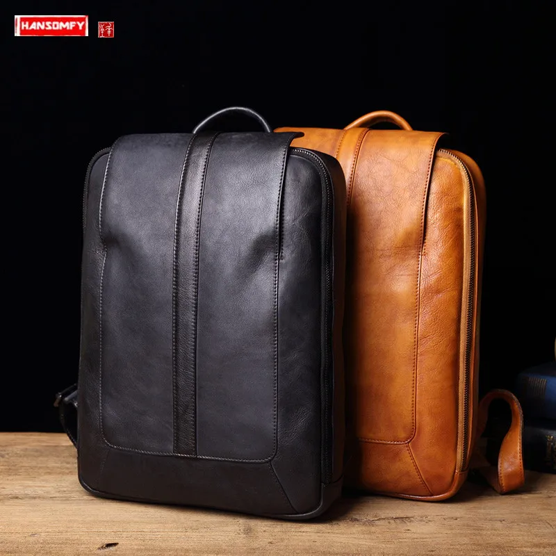 Vintage Leather Men\'s Backpack Travel Backpacks Casual Laptop Bag Fashion Retro Men Bag Schoolbag Large Capacity Leather Dig Bag