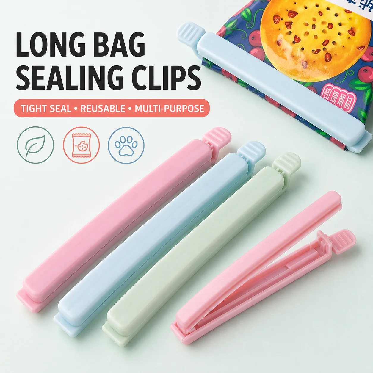 Long Bag Sealing Clips Reusable Moisture Proof Food Storage Clips for Snack Chips Cereal Coffee Pet Food Kitchen Organizer