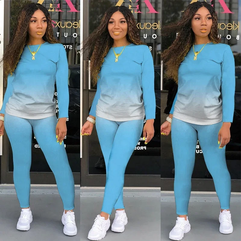 

Женский повседневный костюм-двойка 2025 года, брюки с длинными рукавами с постепенным изменением, спортивный тренд
