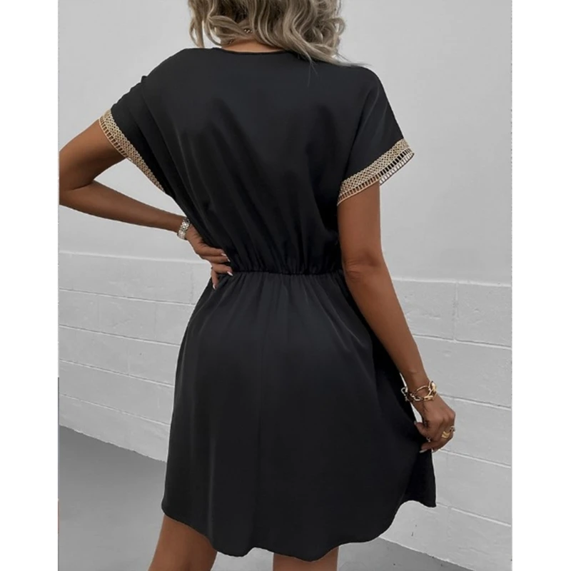 

Womens Short Sleeve Elegant Lace Trim V Neck A Line Midi Dress Color Drawstring Waist Ruffle Beach Swing Dresses 6XDA