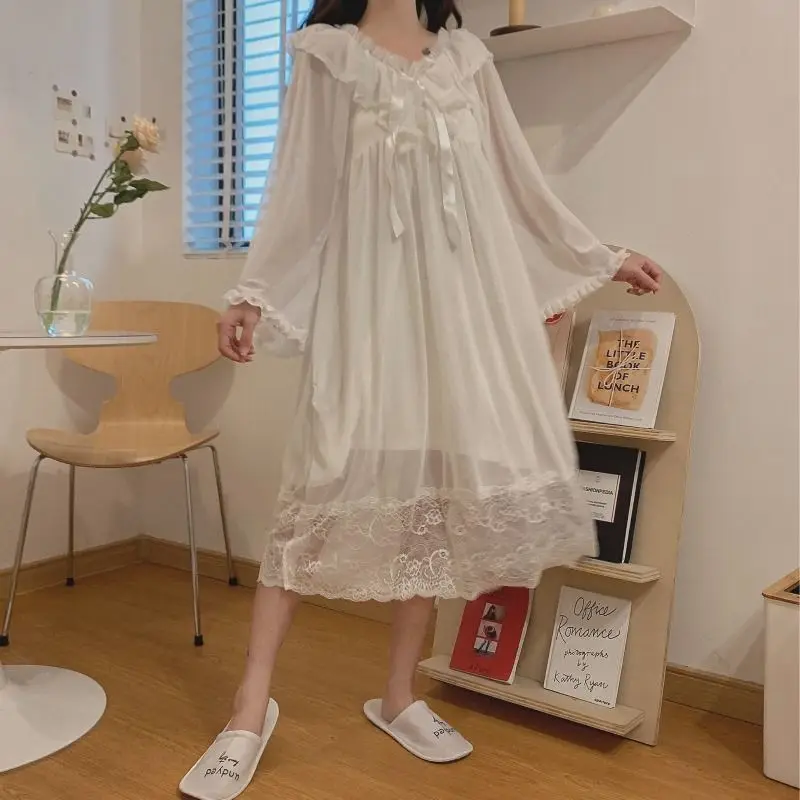 

Nightgown for Women Mid-length Korean Style Lace Mesh Pajamas Princess Home Wear Sleep V-neck Plus Size Women's Clothing Pajama