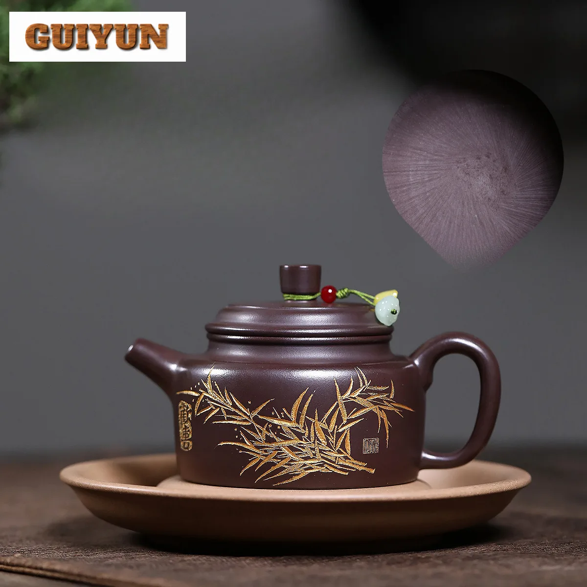 

220ml Exquisite Yixing Purple Clay Teapots Master Handmade Gold Bamboo Pot Raw Ore Purple Mud Kettle Zisha Tea Set Supplies Gift