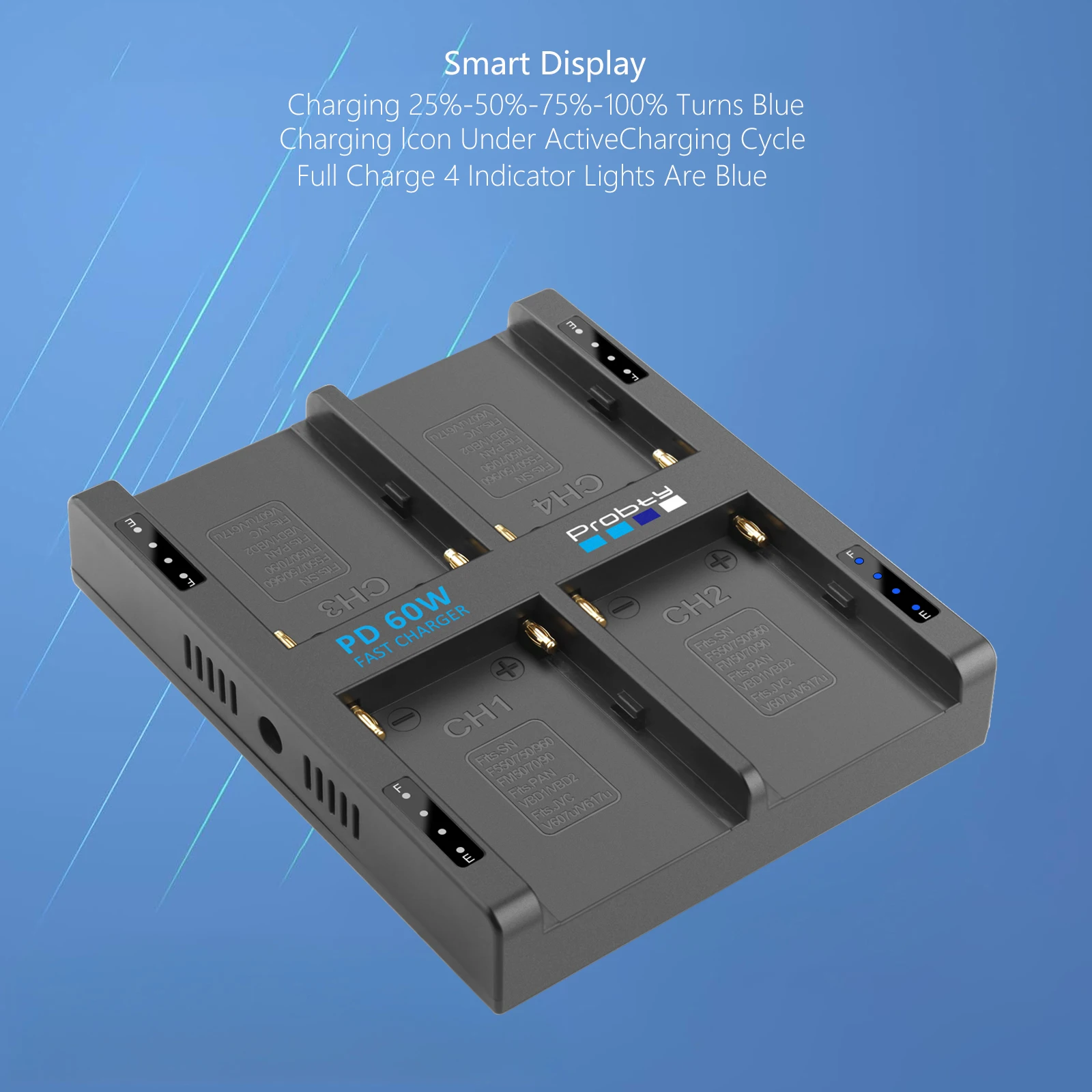 Probty 8800 mAh NP-F970 Akku und 4-Kanal PD60W Schnellladegerät für Sony NP-F550/750/770/970 Akku-Feldmonitor, Videoleuchte