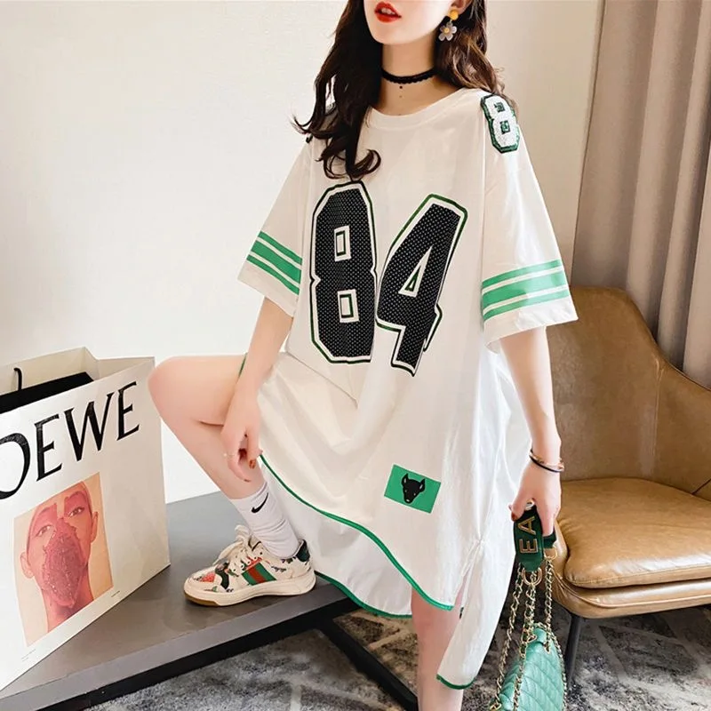 Dames T-Shirt Onregelmatige Korte Mouw T-Shirt Zomer Koreaanse Trend Losse Mid-Length Topmode Oversized Dunne Mouw Tshirt Met Halve Mouwen