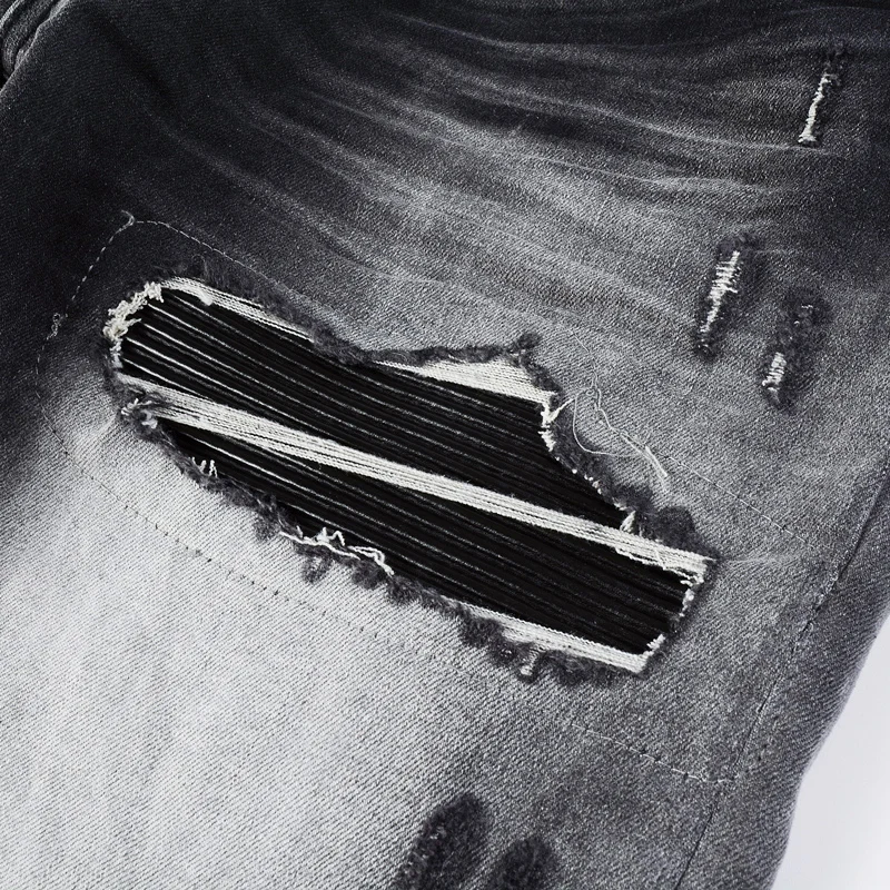 

y2kfashion new high-quality jeansY2K with elastic slim fit, perforated patch, washed black gray jeans, high street hip-hop br