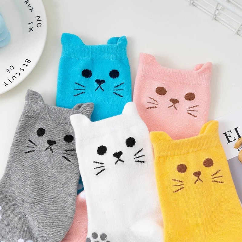 Cute Cartoon Cat Women Crew Socks Spring Autumn Kawaii Kitty Cat Paw Print Candy Color Harajuku Casual Female Mid Tube Socks Sox