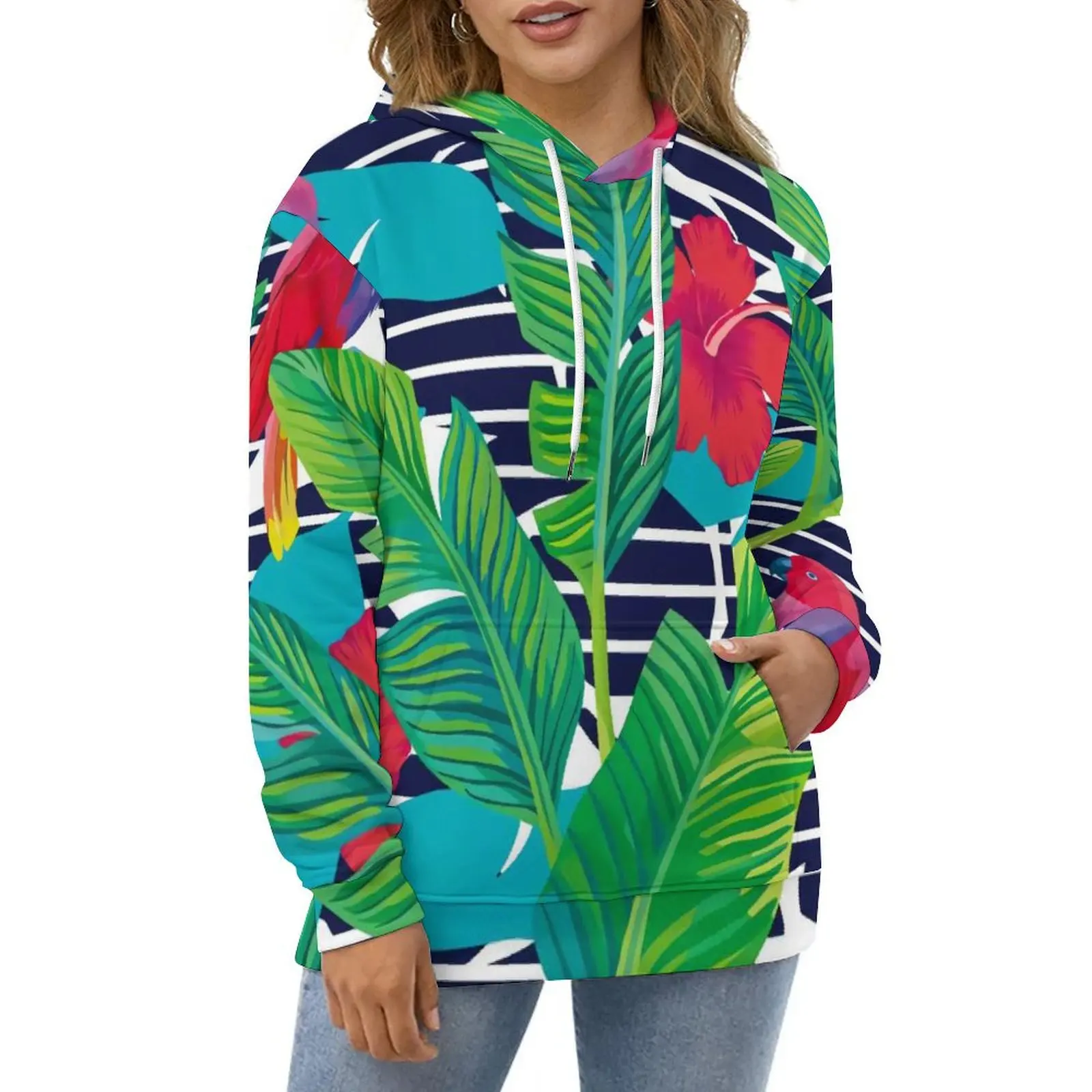 

Funny Palm Leaves Casual Hoodies Black And White Stripes Red Flower Pattern Loose Hoodie Winter Long Sleeve Street Wear Clothing