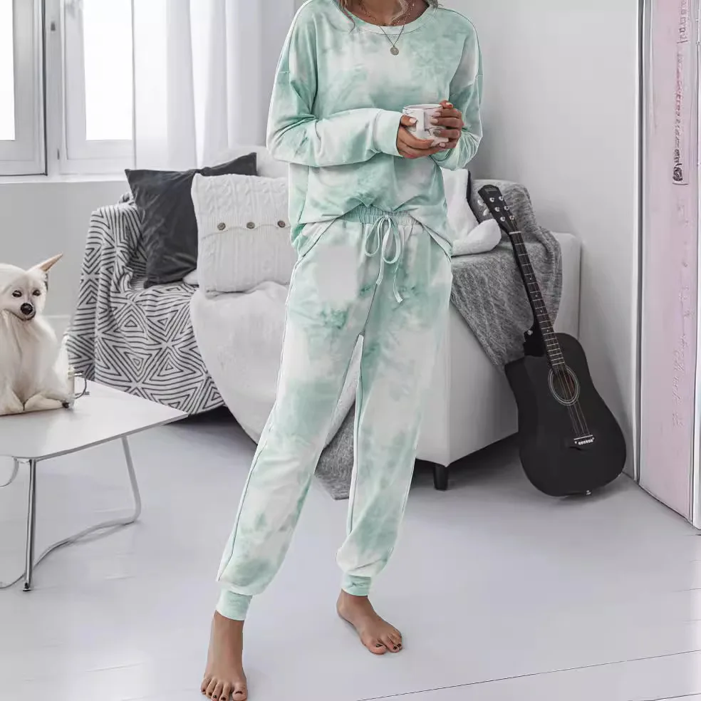 2024 Casual autumn Women Two-piece Set Long Sleeved Nebula print Loose t-shirt sweatshirt + long pant with pocket nightwear walk