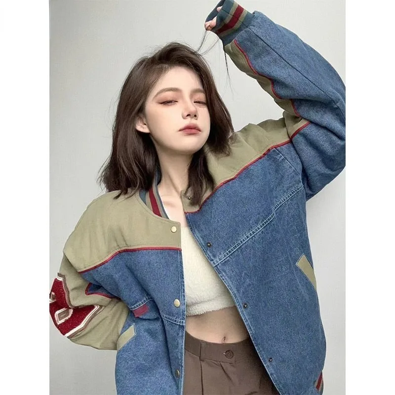 Spring and Autumn American Style Vintage Washed Cowboy Stitching Baseball Uniform Lovers Same Style Fashion Simple Wild Coat