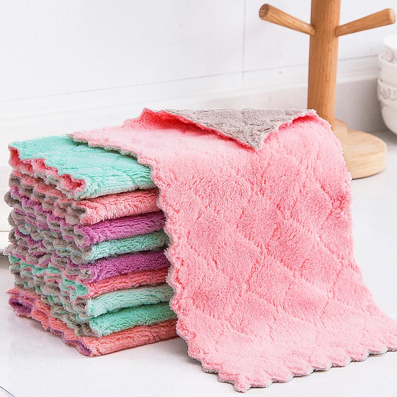 5Pcs Double-Layer Microfiber Towel Super Absorbent Coral Fleece Cleaning Cloths Kitchen Non-Stick Oil Dishcloths Scouring Rag