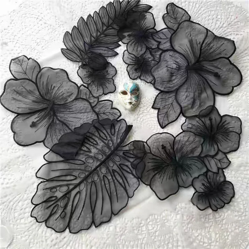 5 Stück/Set Organza-Blumen- und Blätter-Stickerei-Applikationen, Transparente Blumenapplikationen für Hochzeitskleider, DIY-Nähdekoration
