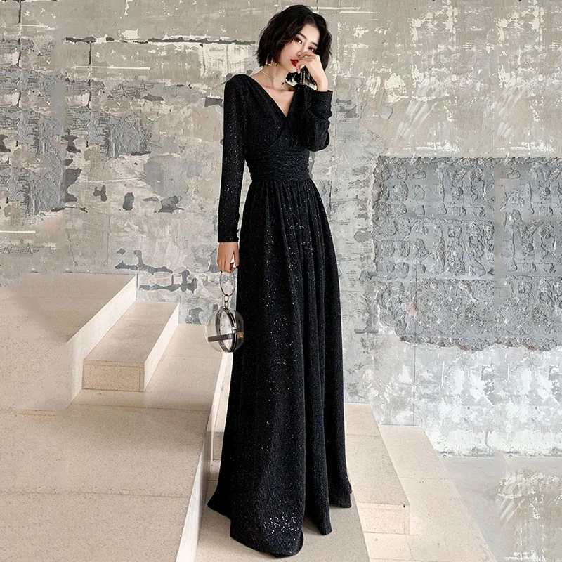 Evening Dress Black Shining Sequined A-Line Elegant Dresses Full Sleeve Floor-Length Formal Evening Gowns Robe de soiree K153