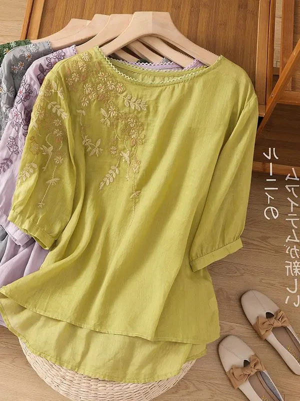 Été 2025 nouveau rond Ne irt mince coton lin broderie Art minceur Vintage ample ort Sve t-shirt petit irt