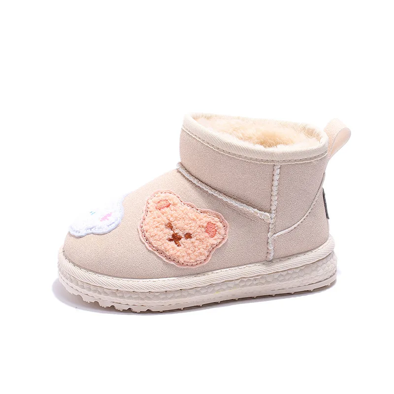 Botas de nieve cálidas y gruesas para niños, zapatos antideslizantes de algodón, oso lindo, felpa, Invierno