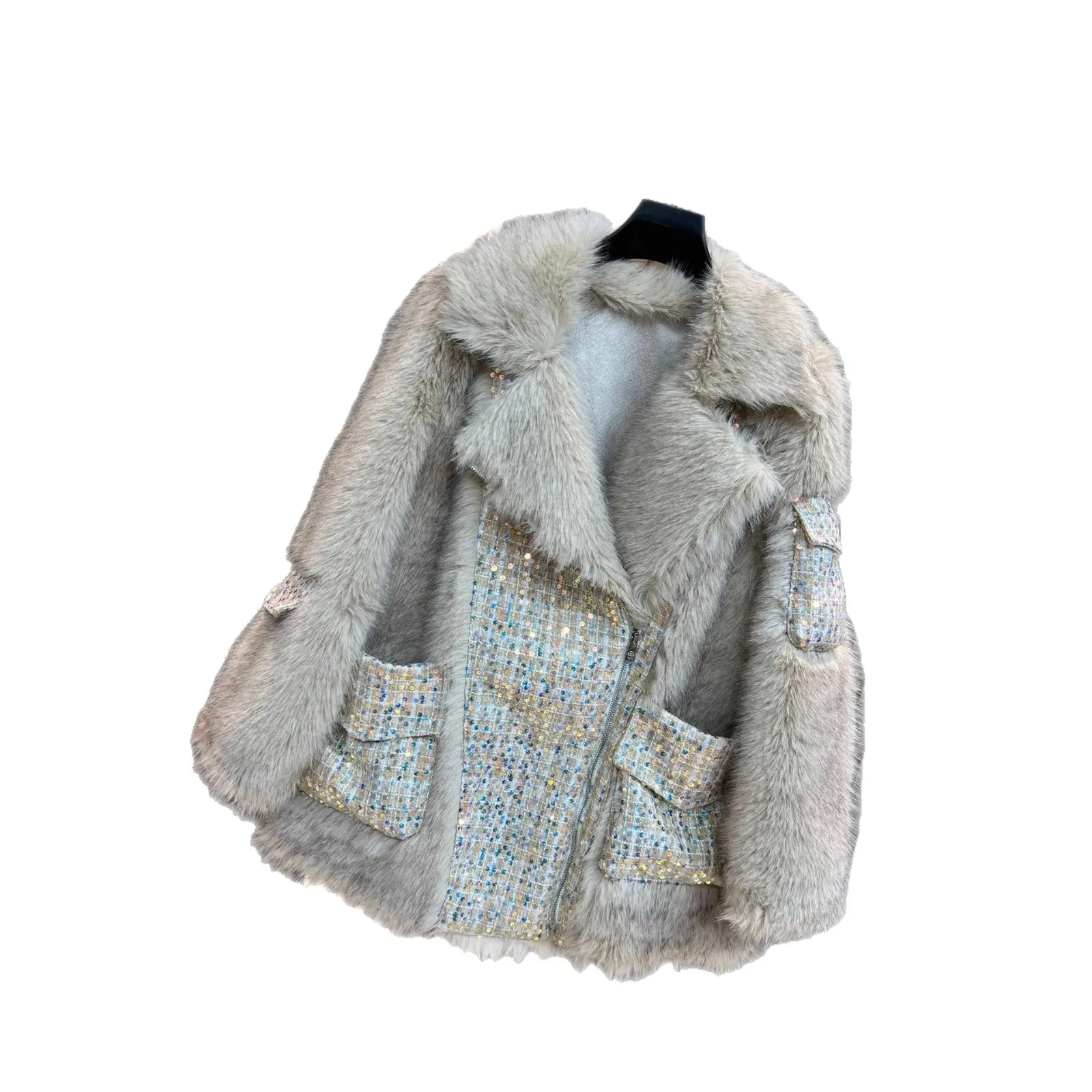 2025 شتاء جديد دعوى طوق فو الفراء المرقعة معطف سميكة منتصف طول معطف دافئ للنساء التنقل نمط الشتاء سترة