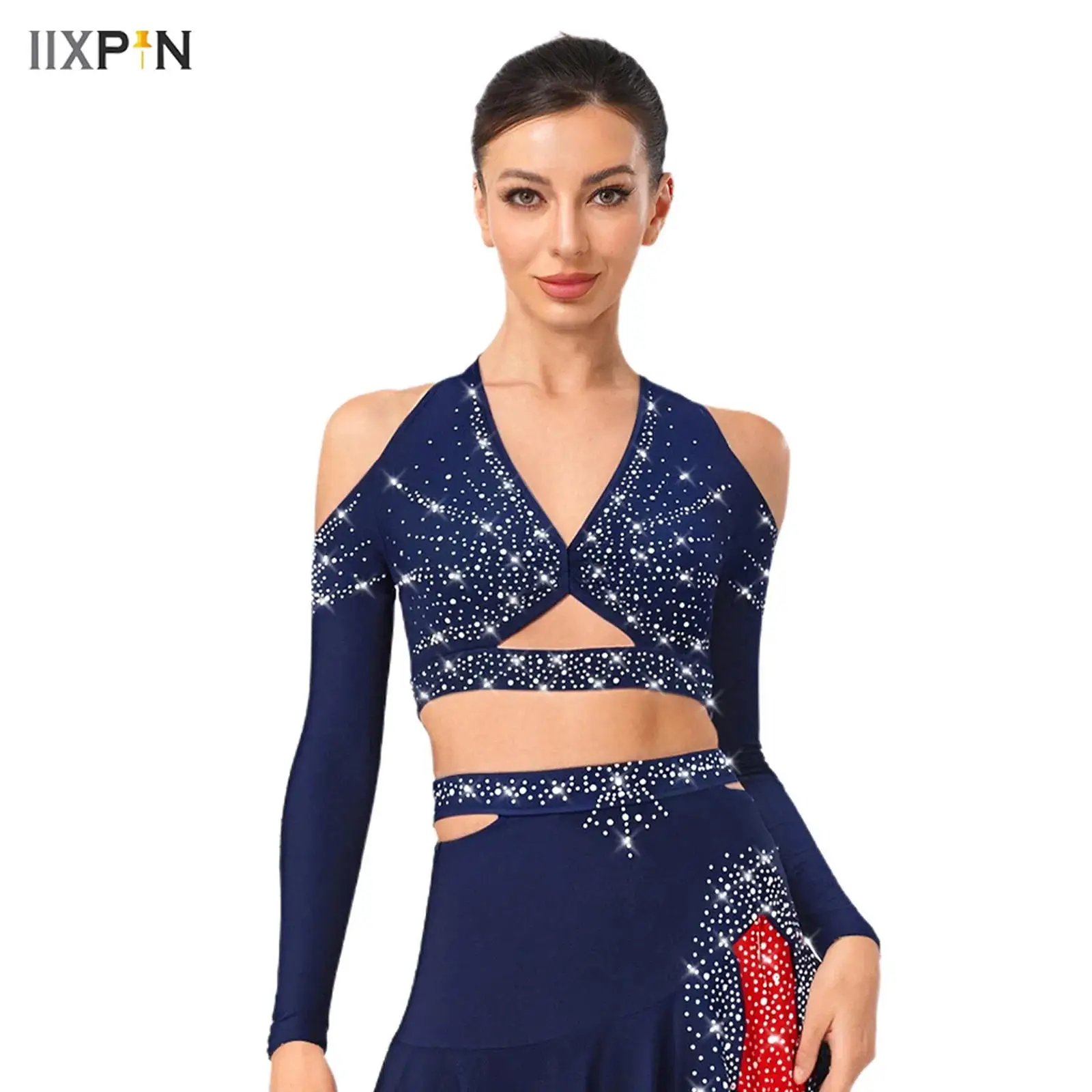 

Womens Jazz Latin Dance Top Shinny Rhinestones Long Sleeve Deep V-Neck Backless Crop Top for Ballroom Competitions Dance Costume