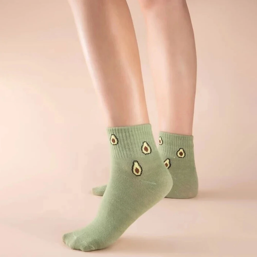 5 Pairs Women's Avocado Ankle Socks Cartoon Printed Cute Short Casual Harajuku Fashionable Fun Versatile Girls' Round Neck Socks