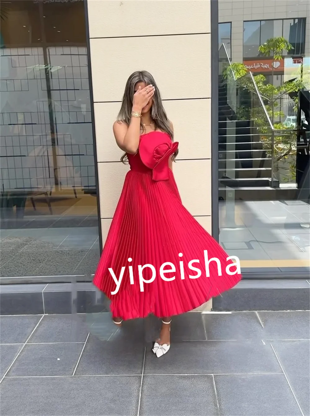 Customized es Draped Flower Valentine's Day A-line Strapless Bespoke Occasion Gown Midi Dresses