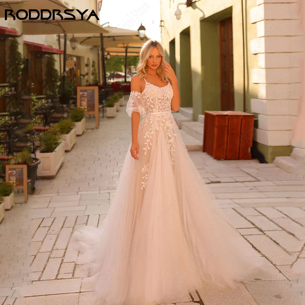 RODDRSYA Detachable Sleeves Wedding Dress Square Collar Applique A-Line Backless Vestido Novia Custom Made Civil Bride Dresses