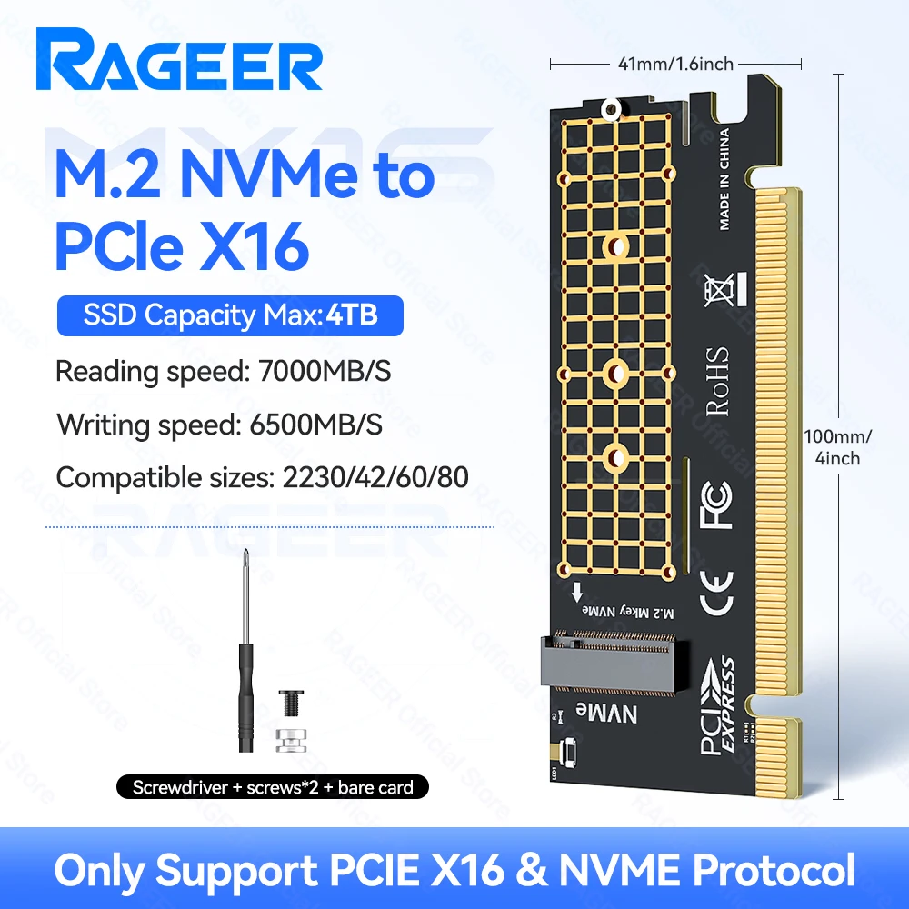 

Карта адаптера RAGEER M.2 NVMe — PCIe 4.0 x16 поддерживает твердотельный накопитель емкостью 4 ТБ и скорость 64 Гбит/с, совместим с твердотельными накопителями NVMe 2280/60/42/30