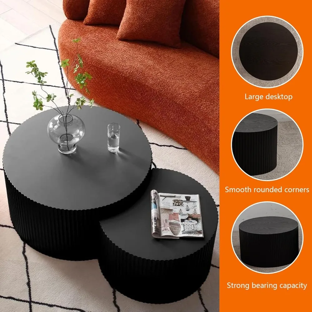 Modern Nesting Coffee Table Set - 2 Piece Wave Stripe Circular Living Room Furniture with Nested Coffee Tables