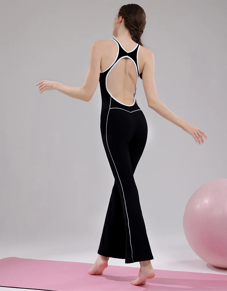 

Women's Color Block Sports Jumpsuit with Hollowed out Beautiful Back Dance Fitness Bell Bottom Pants for Active Wear