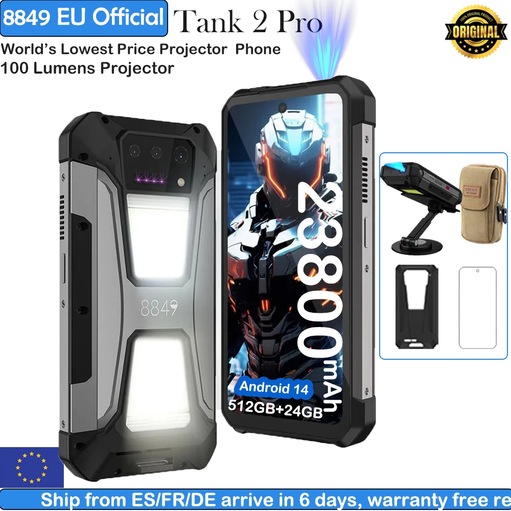 8849 Tank 2 PRO Unihertz projecteur Smartphone robuste 23800mAh 2.4K affichage 24GB 512GB téléphone portable 120W Android 14 téléphone