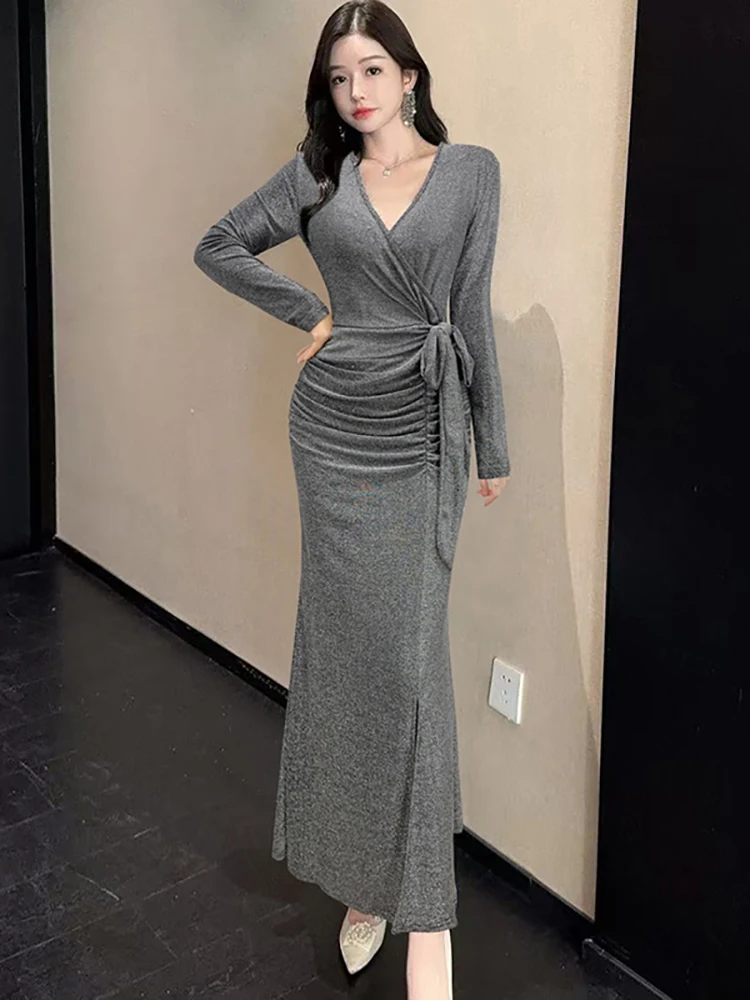 

Осень-зима однотонное яркое шелковое платье с длинным рукавом и v-образным вырезом женское элегантное шикарное бандажное длинное платье 2025 корейское винтажное платье Vestidos