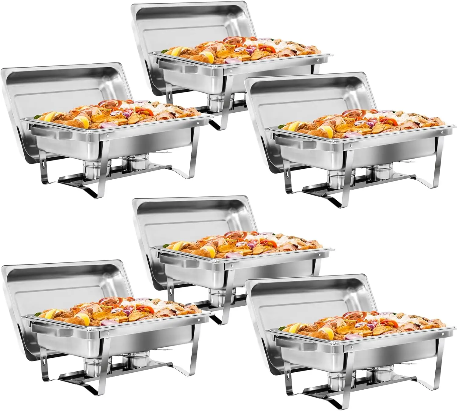 SUPER DEAL Newest 6 Pack 8QT Food Warmer, Rectangular Chafing Dish Buffet Set w/Foldable Frame Legs, Stainless Steel Full Size