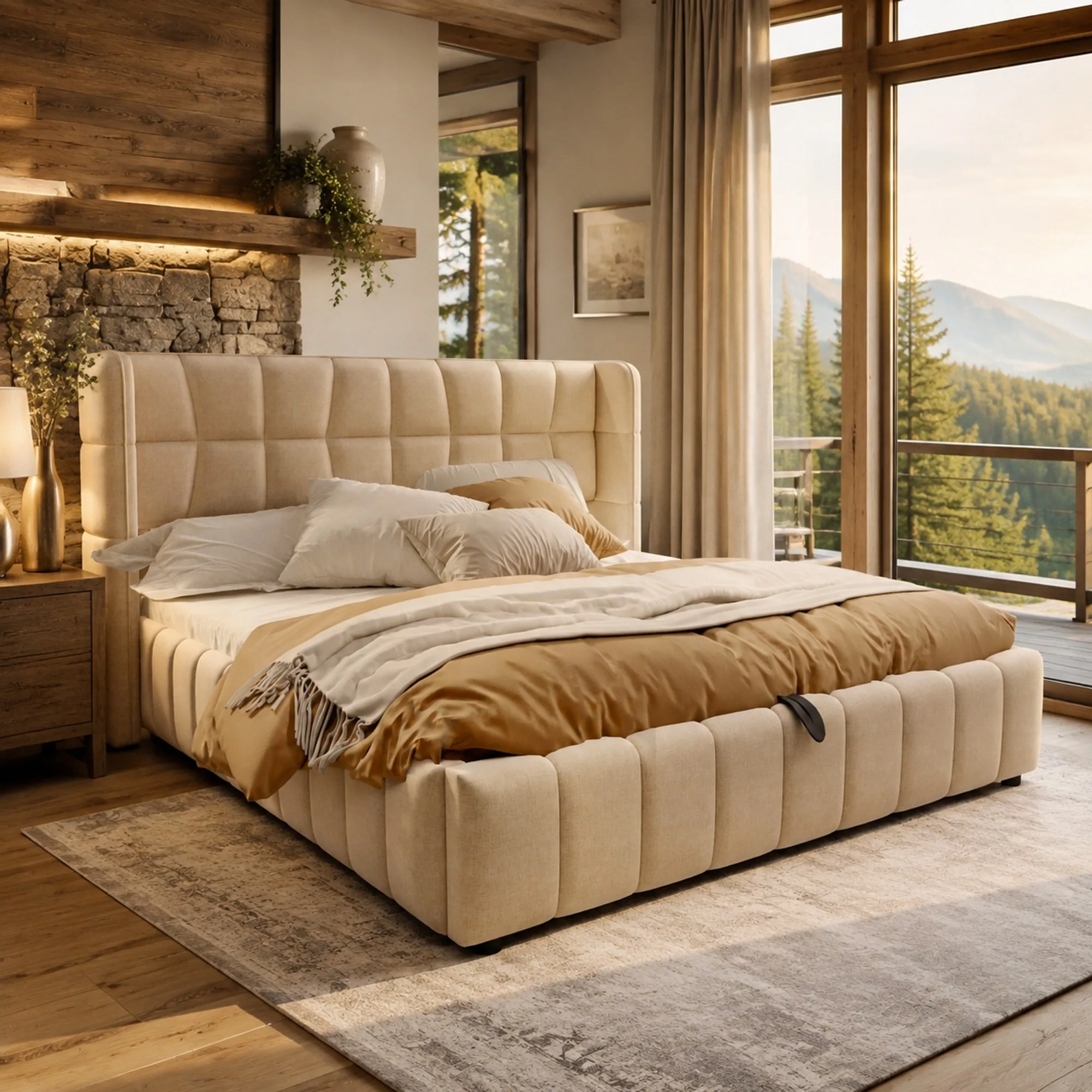 WUVRIE Gestoffeerd opbergbed 180 x 200 cm met lattenbodem en hoofdbord, beige