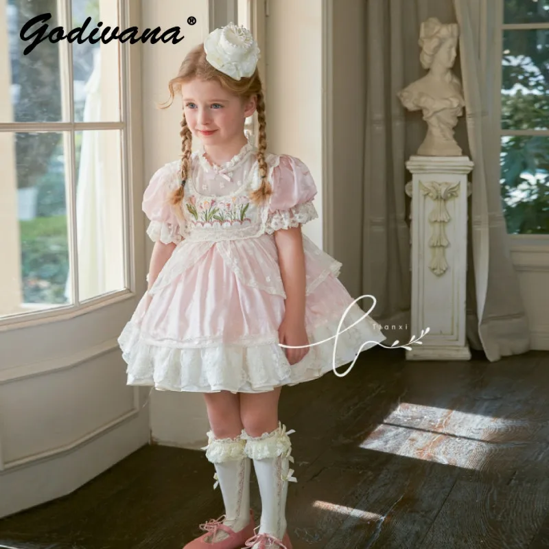

Sweet Baby Girls Lace Mesh Princess Lolita Dress Kids Summer New Floral Embroidery Puff Sleeve High Waist Ruffle Trim Ball Gown