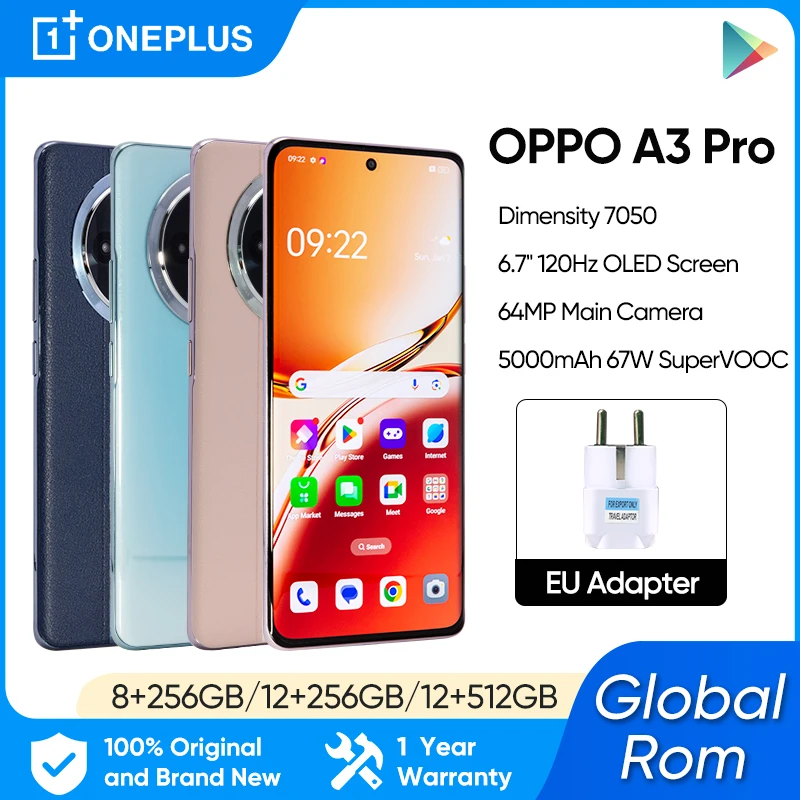 Original OPPO A3 Pro 5G 5000mAh 67W SuperVOOC Dimensity 7050 6.7 Inch OLED 120Hz 64MP Main Camera Google Play OTA Update