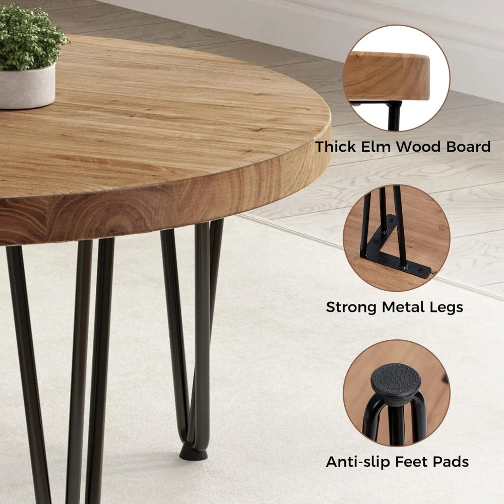 Farmhouse Style Round Elm Wood Coffee Table with Metal Legs and Anti-Slip Pads for Living Room