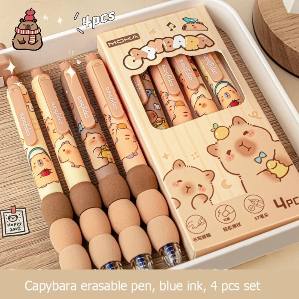 

4 шт., креативная стираемая ручка Kawaii Capybara, эстетичная мультяшная милая ручка для письма, синие чернила, мягкая ручка, гелевая ручка 0,5 мм для студентов