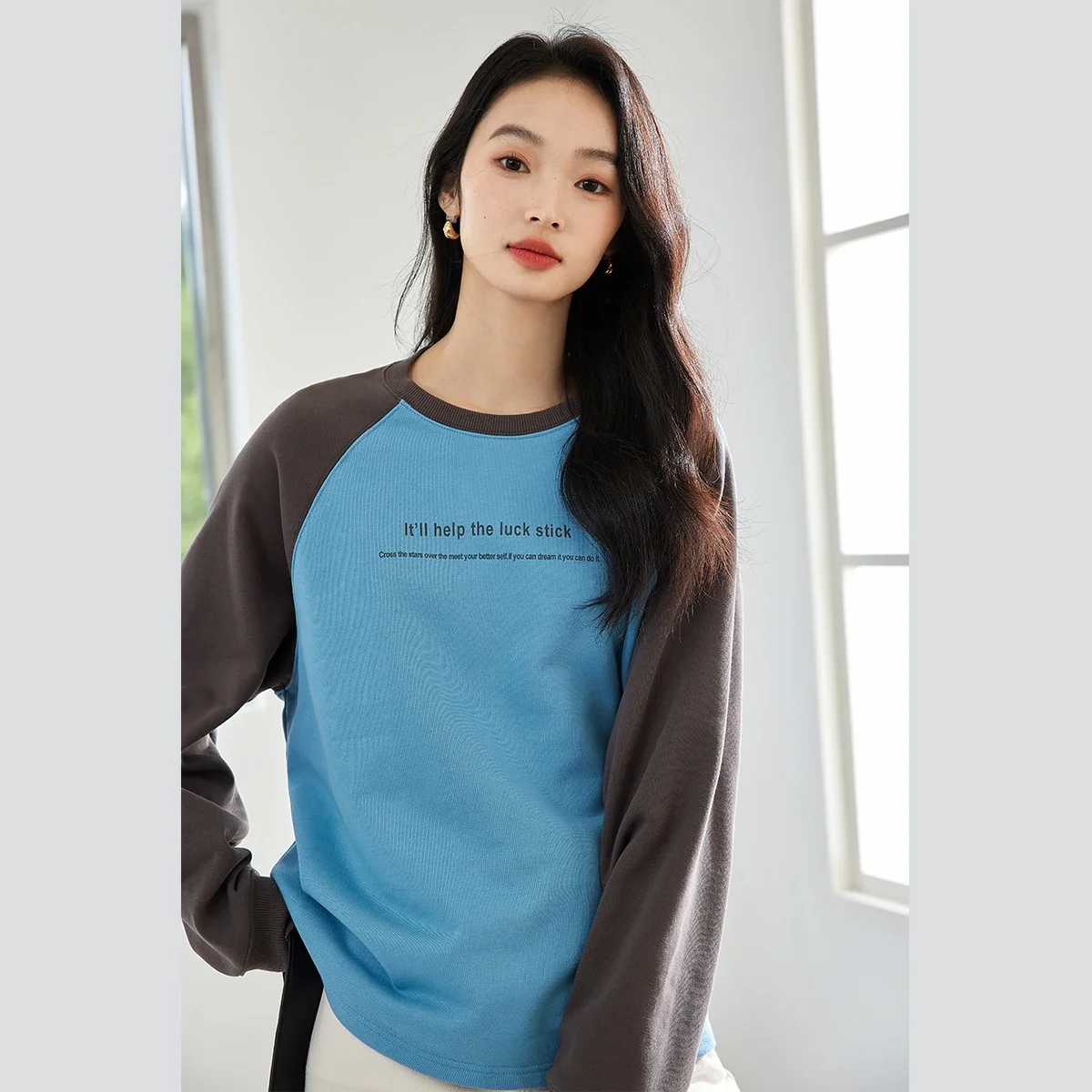 VIMLY Autumn Color Block Shoulder Long Sleeve Letter Print Sweatshirt Women's Fashion Casual Loose O-Neck Office Lady Blouse Top